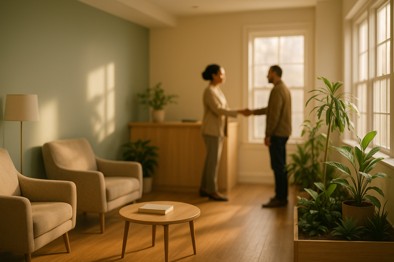 Welcoming reception area of a modern mental health and wellness center with soft natural lighting and calming decor