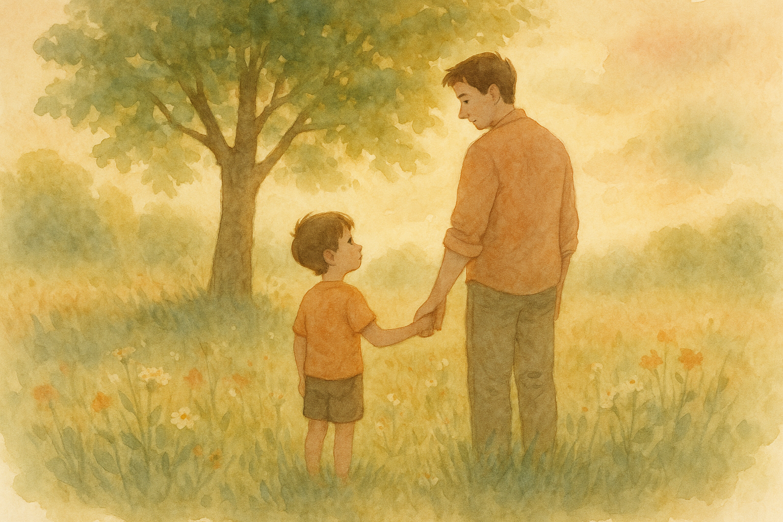 Adult gently holding hand of younger self in sunlit meadow, symbolizing healing from childhood trauma and adult mental health