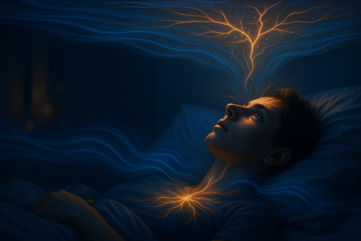 Person awake in bed with glowing neural pathways visualizing nighttime hyperarousal in the nervous system