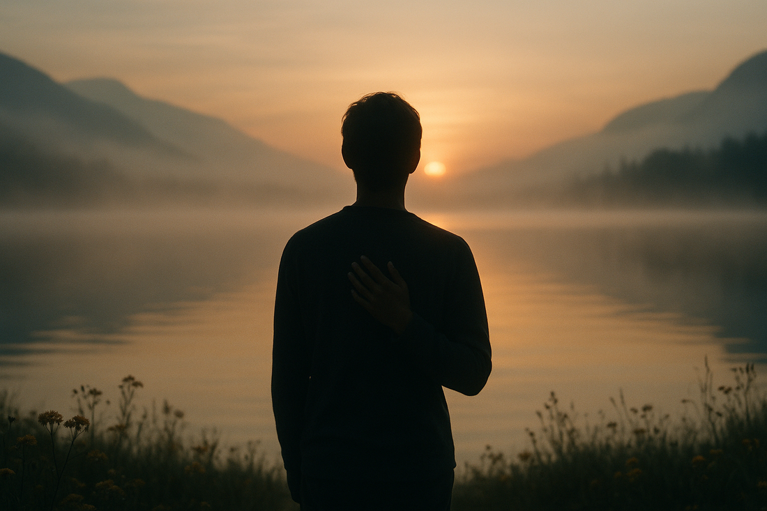 Silhouette at misty lake at sunrise symbolizing ACT for chronic pain acceptance and calm