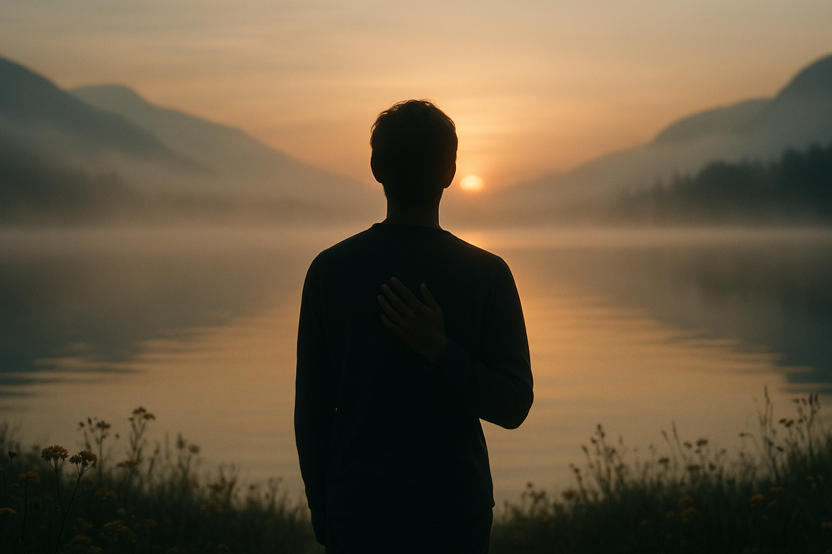 Silhouette at misty lake at sunrise symbolizing ACT for chronic pain acceptance and calm