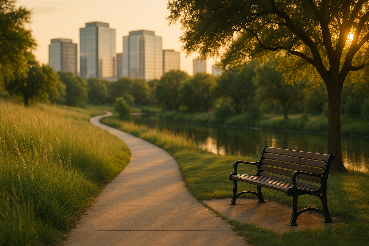 Peaceful North Texas park trail at sunset representing mental health wellness resources in Frisco Texas