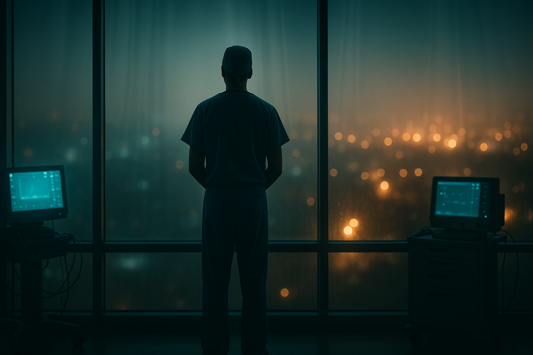 Night-shift healthcare worker at hospital window illustrating shift work and mental health impact