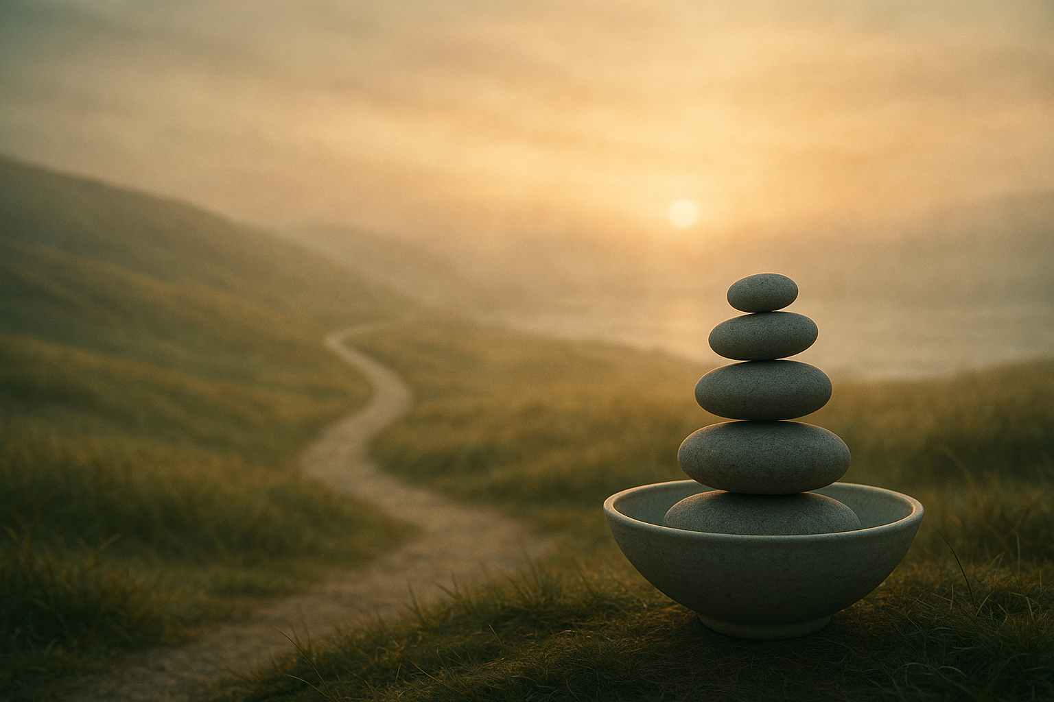 Peaceful landscape path with balanced stones symbolizing mental health and wellbeing dimensions at sunrise