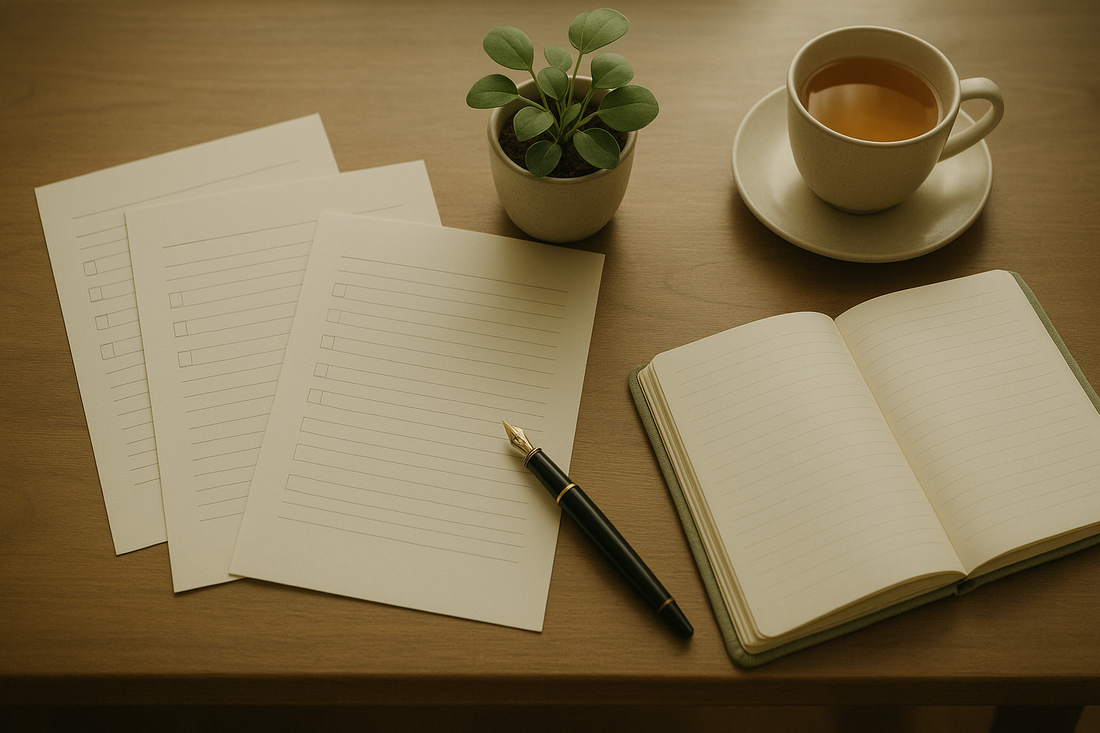 Therapist desk with three blank questionnaires representing ACT outcome measures for tracking psychological flexibility in clinical practice