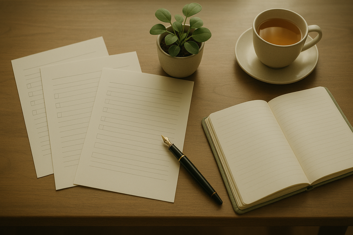 Therapist desk with three blank questionnaires representing ACT outcome measures for tracking psychological flexibility in clinical practice