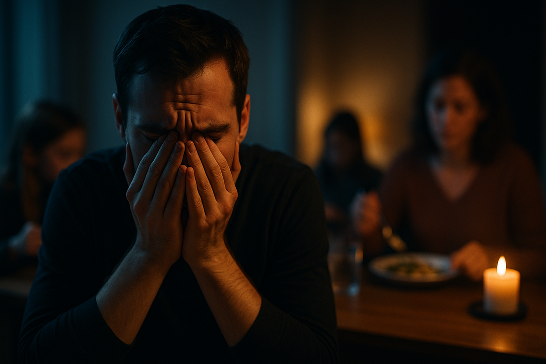 Person overwhelmed at dinner table showing emotional distress from misophonia sound triggers