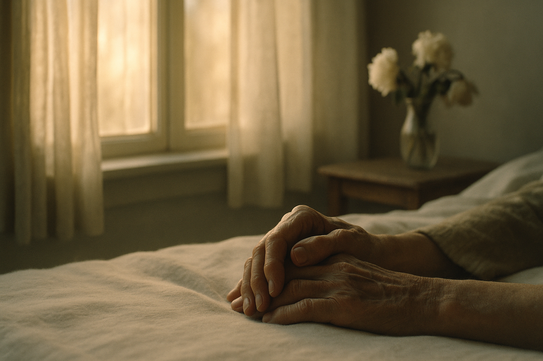 Two clasped hands resting on a white blanket near a sunlit window symbolizing anticipatory grief