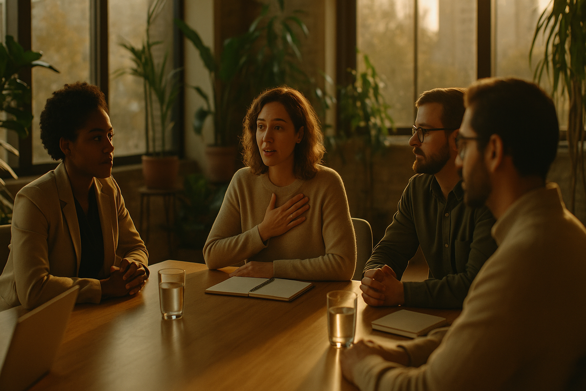 Diverse team of managers and employees having a supportive mental health conversation at a sunlit office table