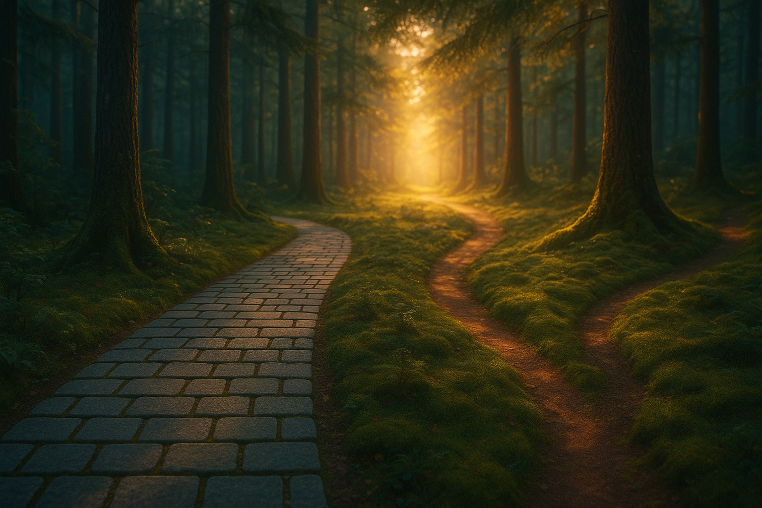 Two parallel forest paths converging in golden light illustrating DBT vs CBT therapy choices