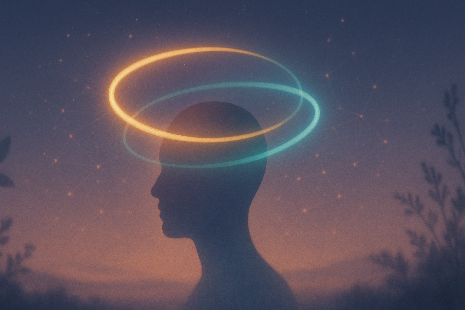 Two luminous intertwined rings symbolizing the mental health and wellbeing bidirectional loop over a silhouette