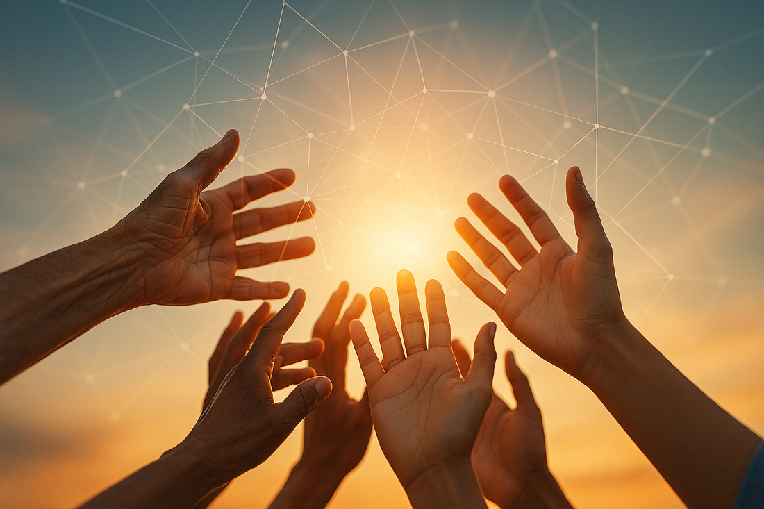Diverse hands connected by glowing network lines symbolizing the mental health alliance model uniting community care partners