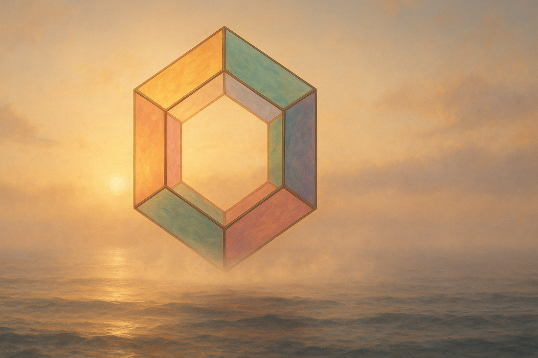 Hexagonal glowing panels above calm ocean symbolizing the six core processes of ACT