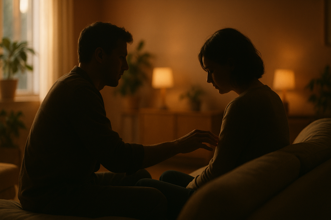 Two adult partners sitting closely on couch in warm light exploring adverse childhood experiences in adult relationships