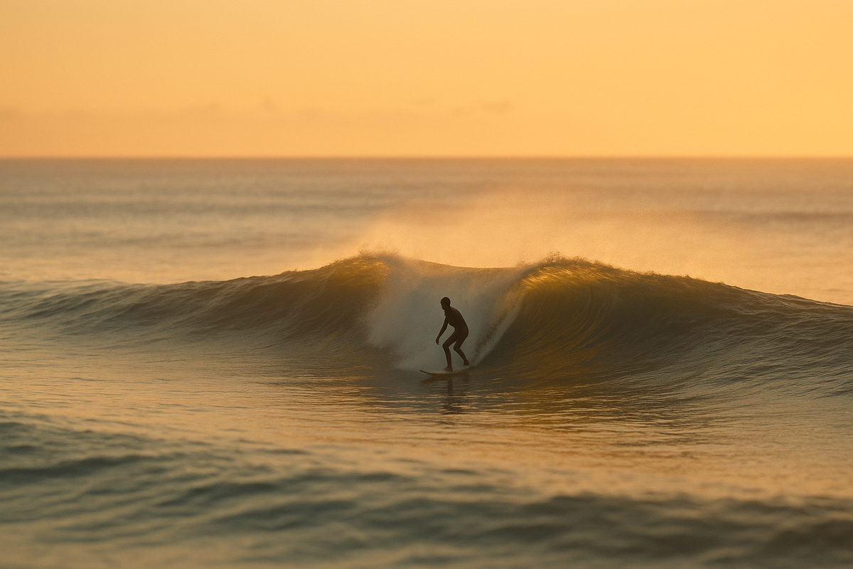 Lone surfer riding a cresting wave at sunrise representing urge surfing in ACT for substance use disorders