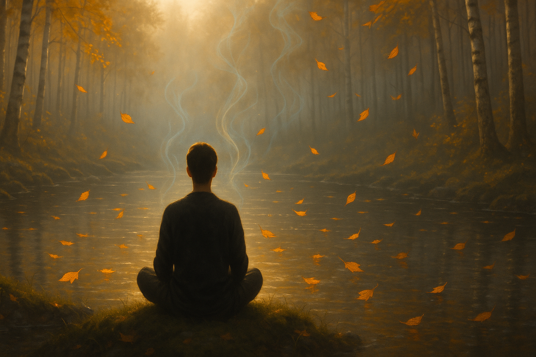 Silhouette meditating by a stream watching leaves float, illustrating cognitive defusion practice in ACT therapy