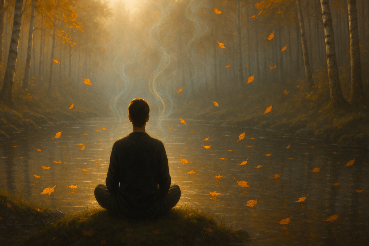 Silhouette meditating by a stream watching leaves float, illustrating cognitive defusion practice in ACT therapy