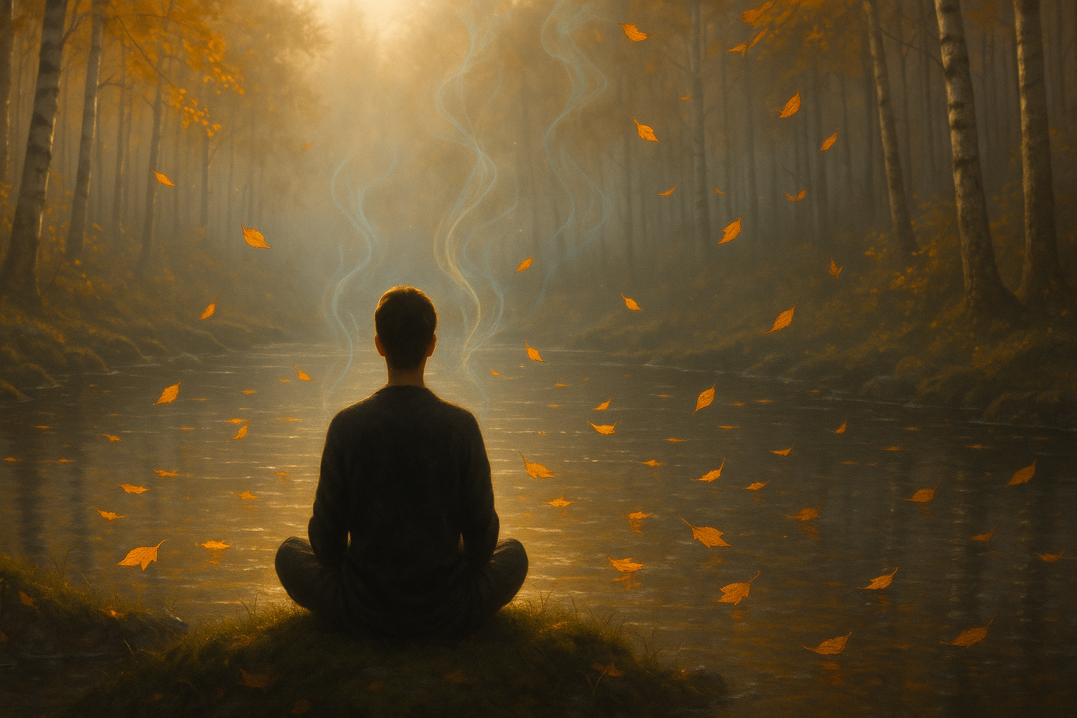 Silhouette meditating by a stream watching leaves float, illustrating cognitive defusion practice in ACT therapy