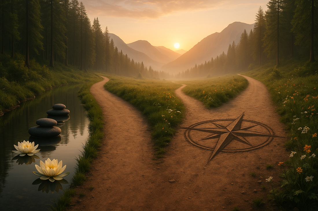 Two converging forest paths at sunrise symbolizing ACT vs MBCT therapy choices