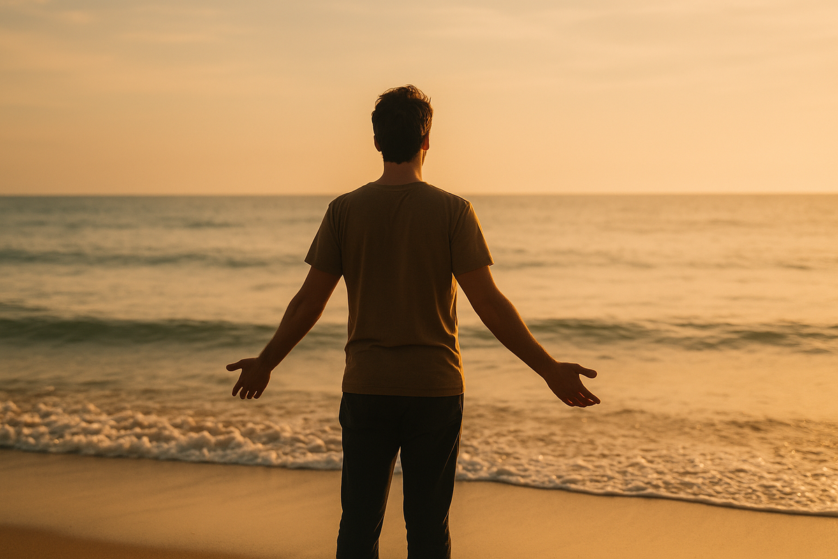 Person standing calmly by ocean shore representing acceptance and commitment therapy for anxiety disorders