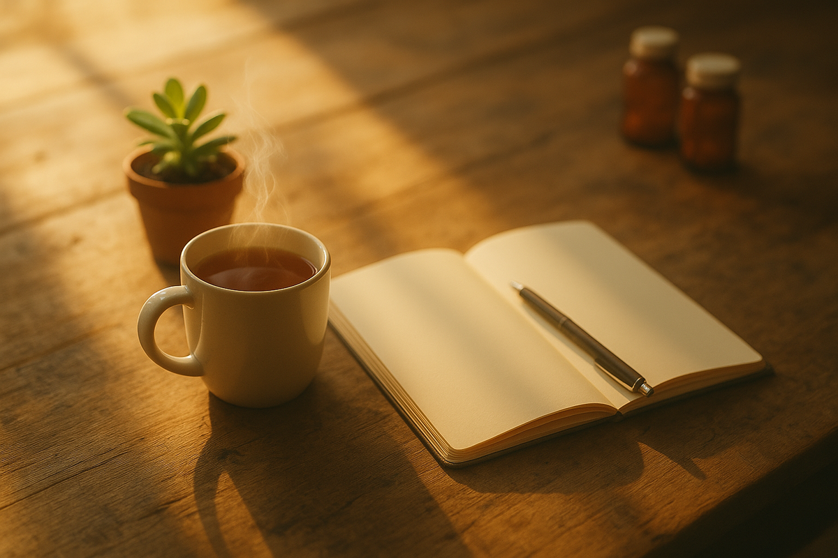 Peaceful desk scene representing antidepressants, self-care, and mental health treatment planning with tea and journal