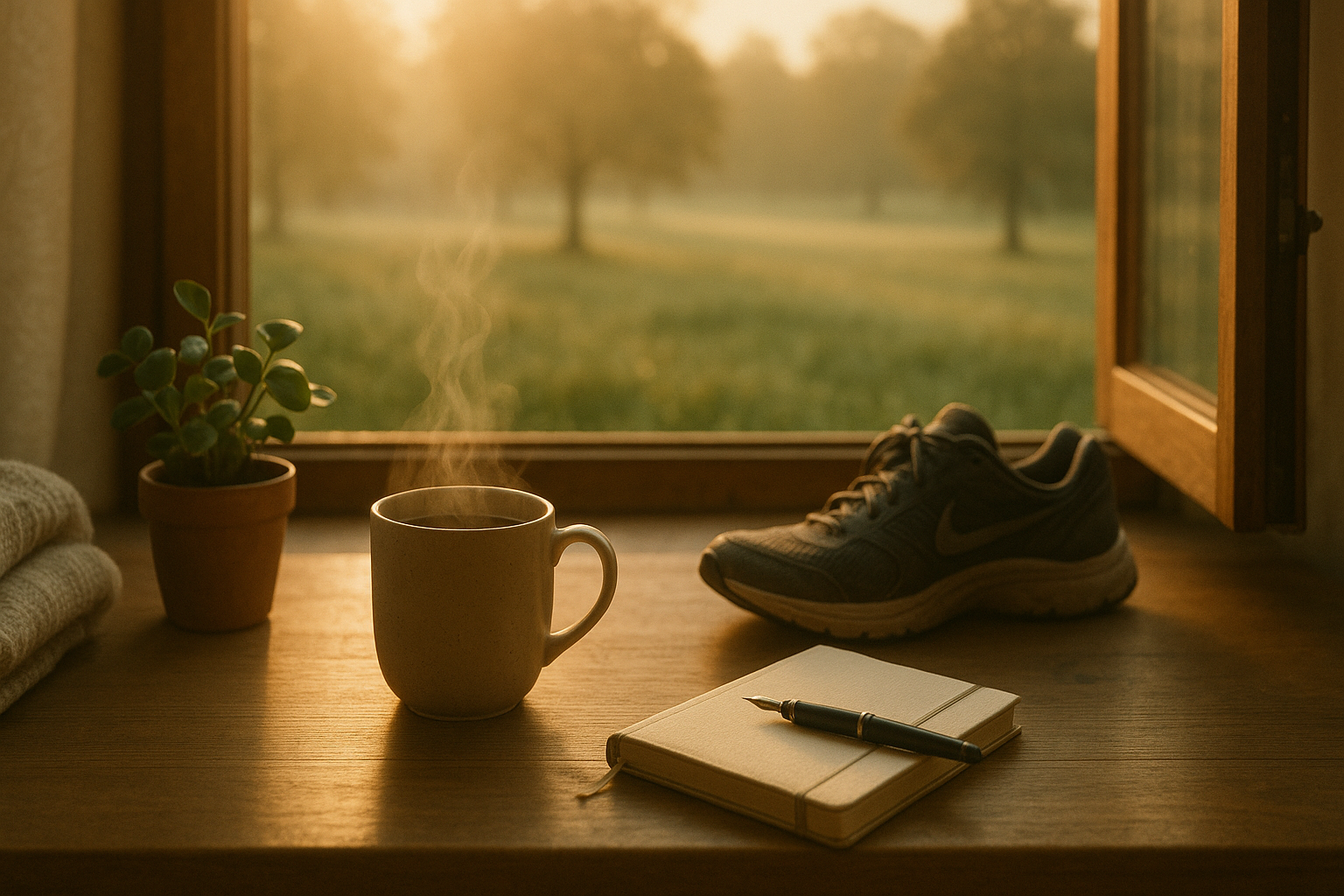 Sunrise desk scene symbolizing a mental health and wellness month 30-day challenge routine