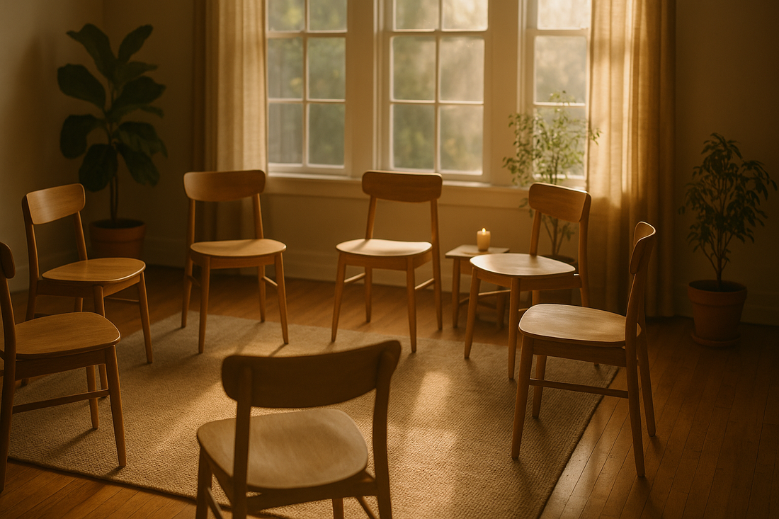 Circle of chairs in warm sunlit room prepared for a group ACT therapy session