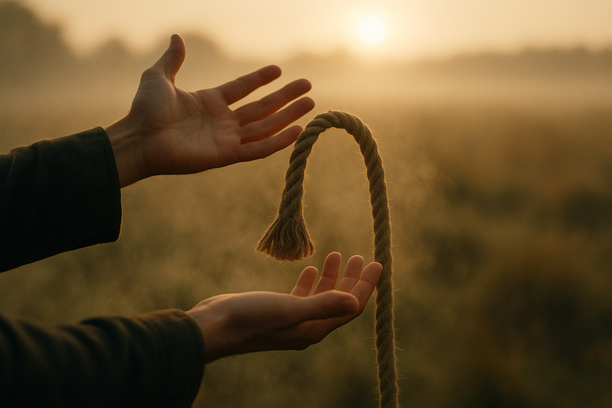 Open hands releasing a rope symbolizing creative hopelessness in ACT and letting go of struggle