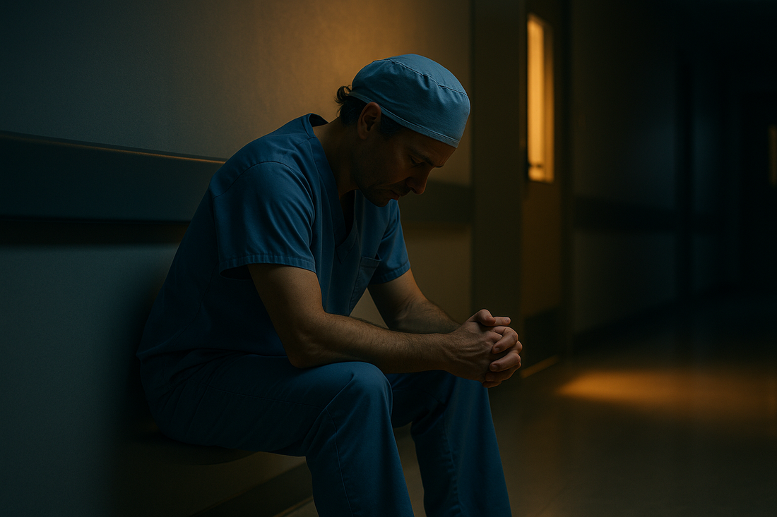 Exhausted nurse sitting in hospital hallway showing signs of compassion fatigue in healthcare workers