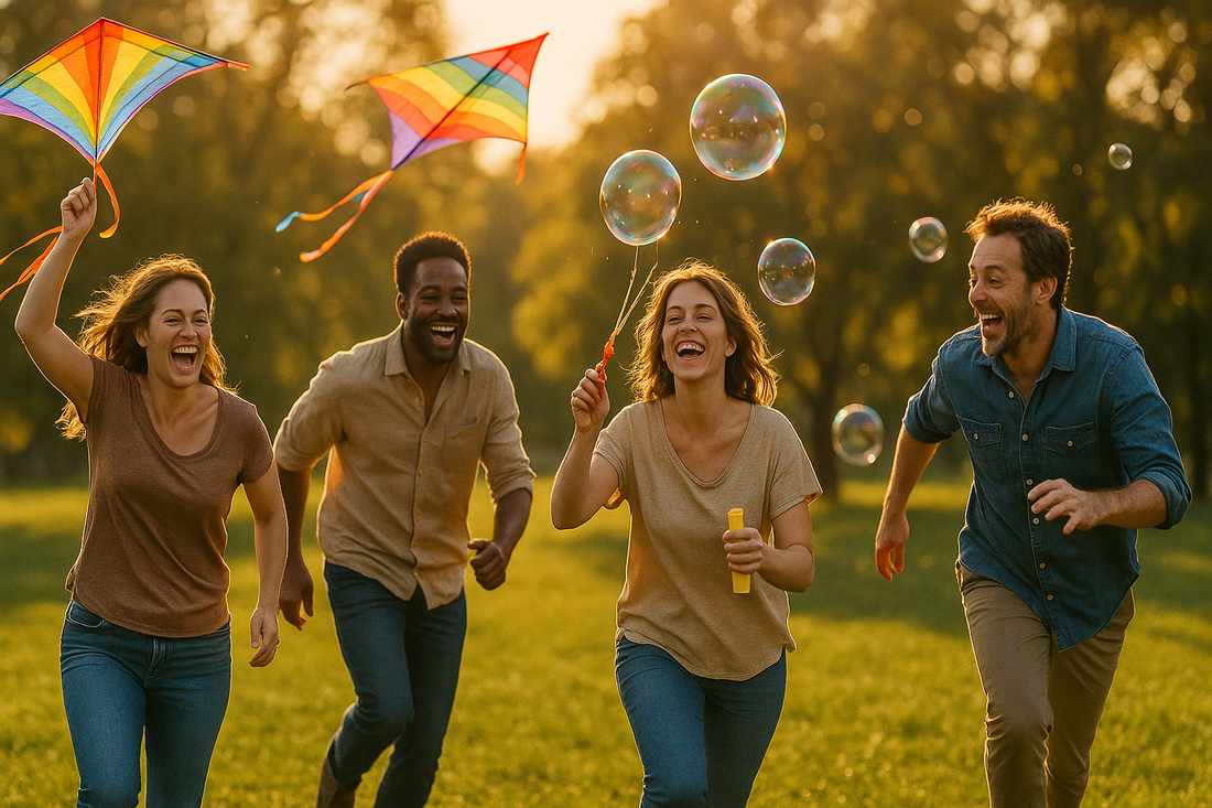 Adults laughing and playing outdoors in a sunlit park demonstrating adult play mental health benefits