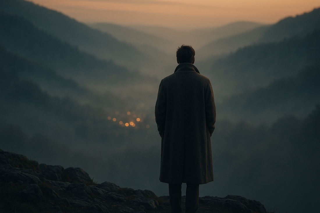 Solitary figure on cliff gazing toward distant village lights symbolizing counterdependency and longing for connection