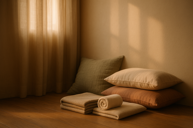 Peaceful home yoga setup with folded blanket pillows and cushion for trauma-informed practice