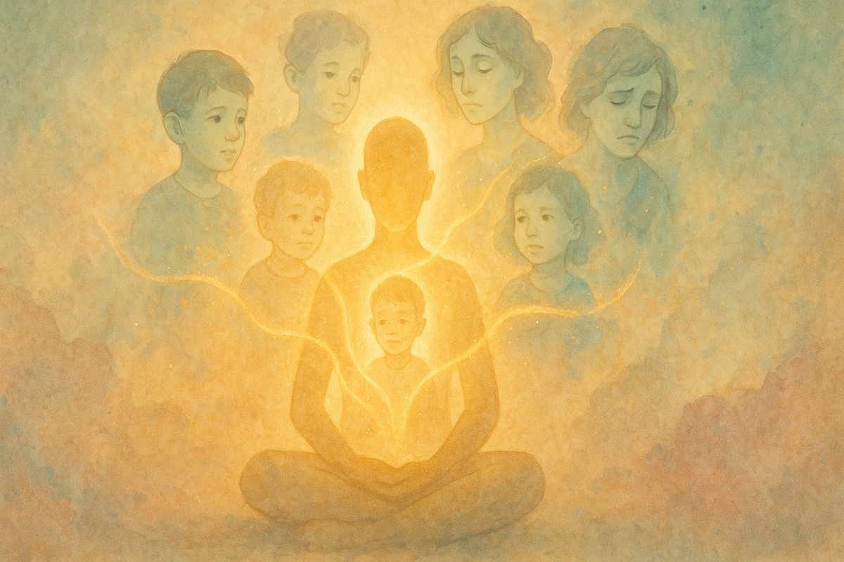 Illustration of inner parts surrounding a calm Self representing Internal Family Systems therapy parts work