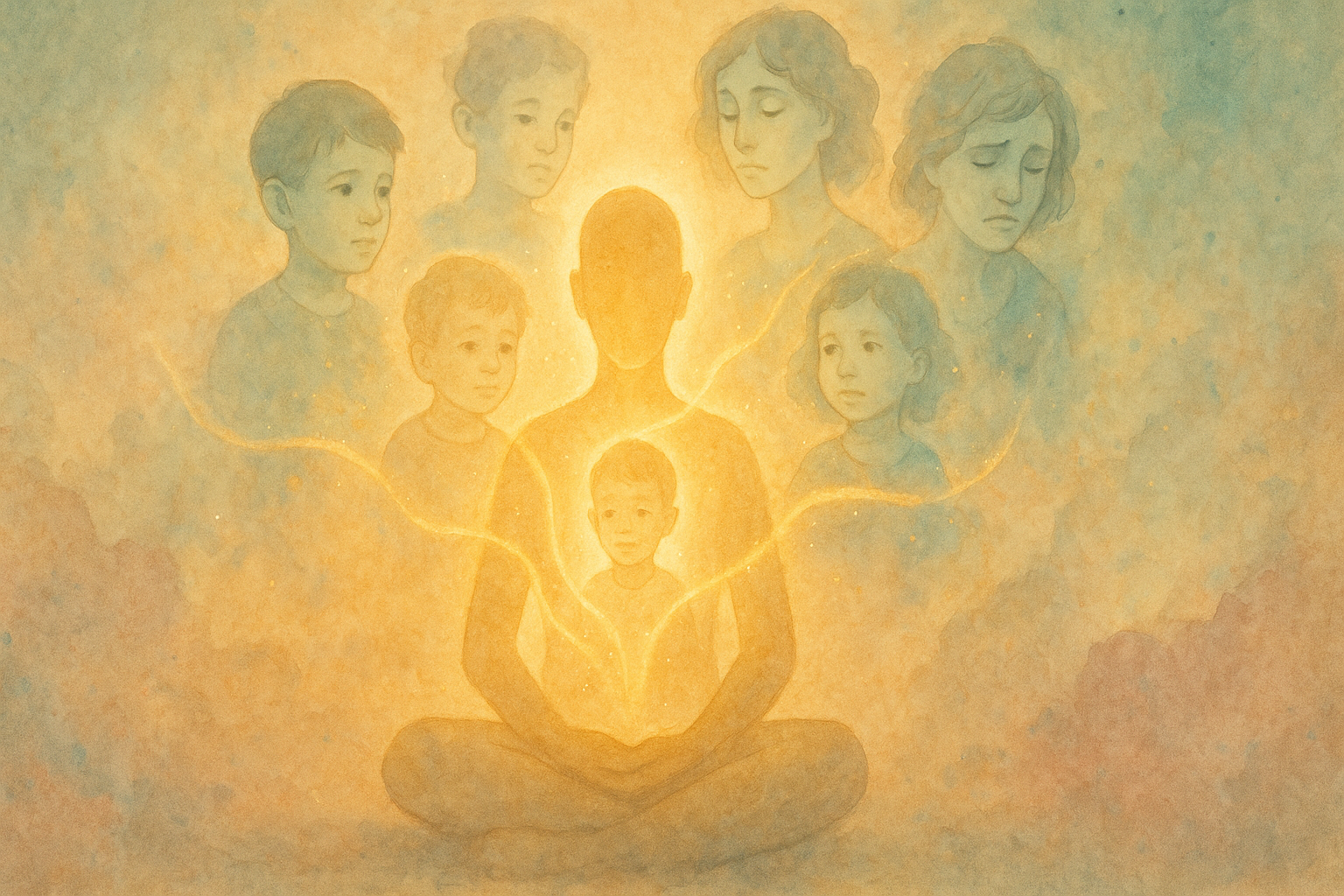 Illustration of inner parts surrounding a calm Self representing Internal Family Systems therapy parts work