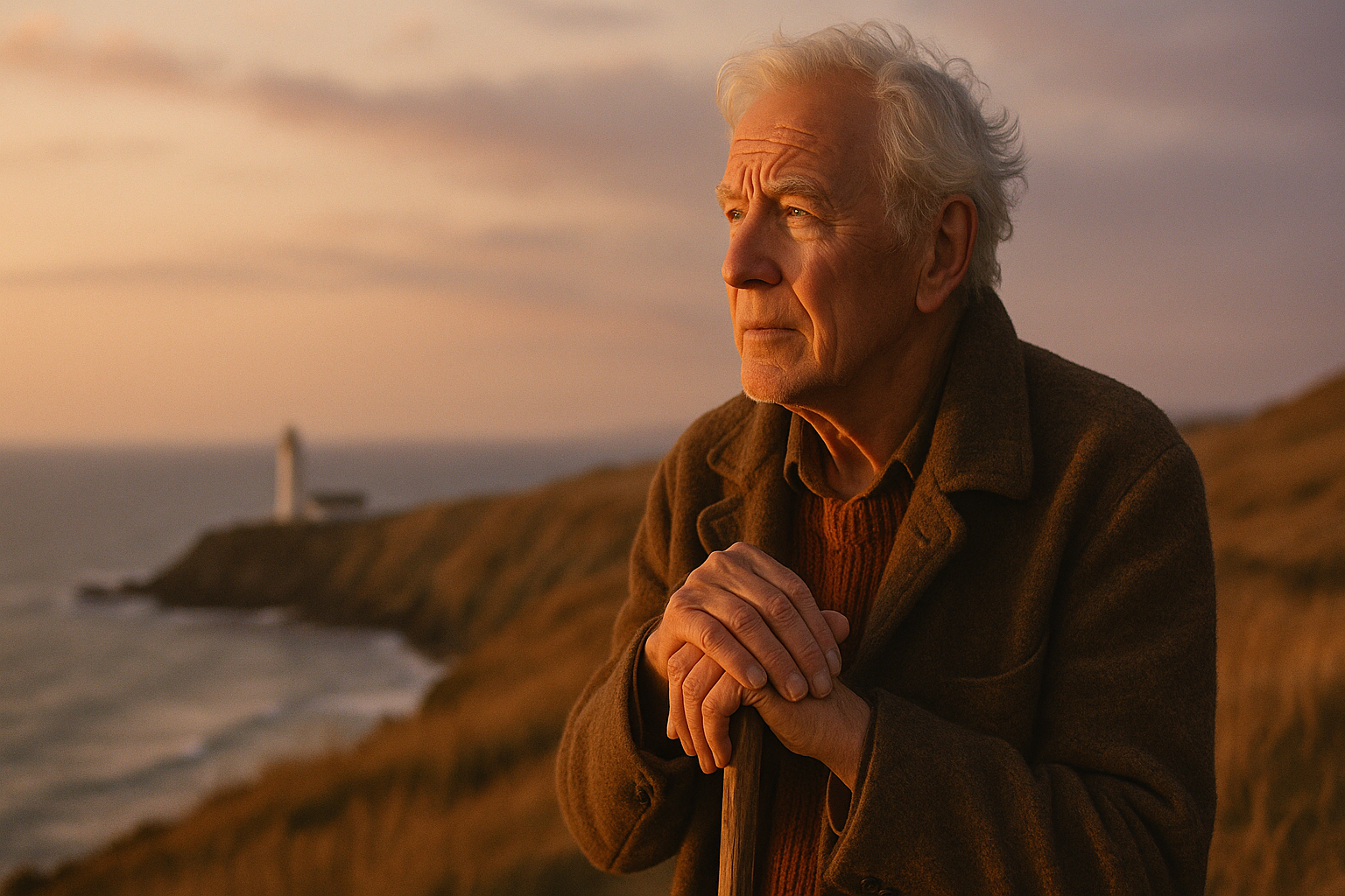 Older adult on coastal cliff at sunset symbolizing aging and identity loss renewal