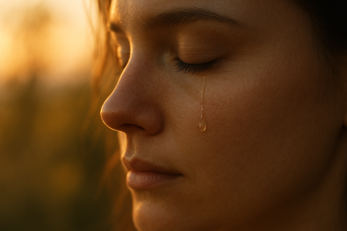 Close-up of a single emotional tear showing why crying is good for you