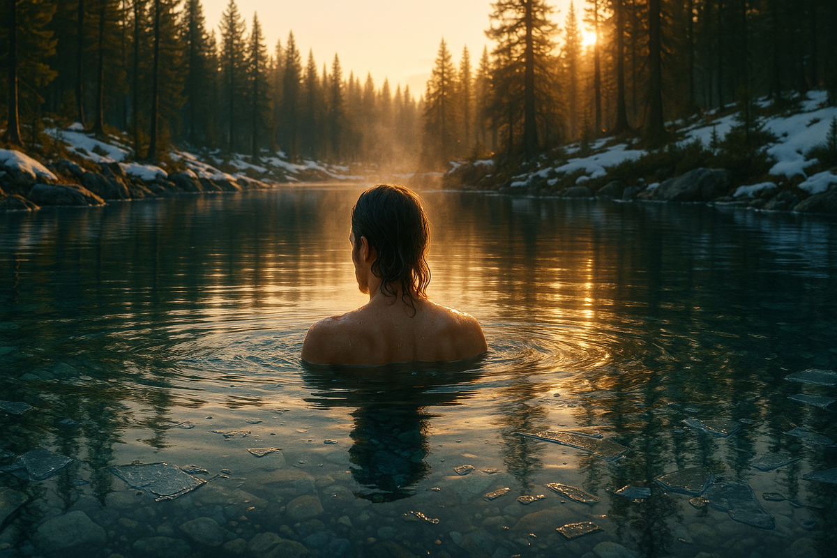 Person practicing cold water immersion in a forest plunge pool at dawn for mental health benefits