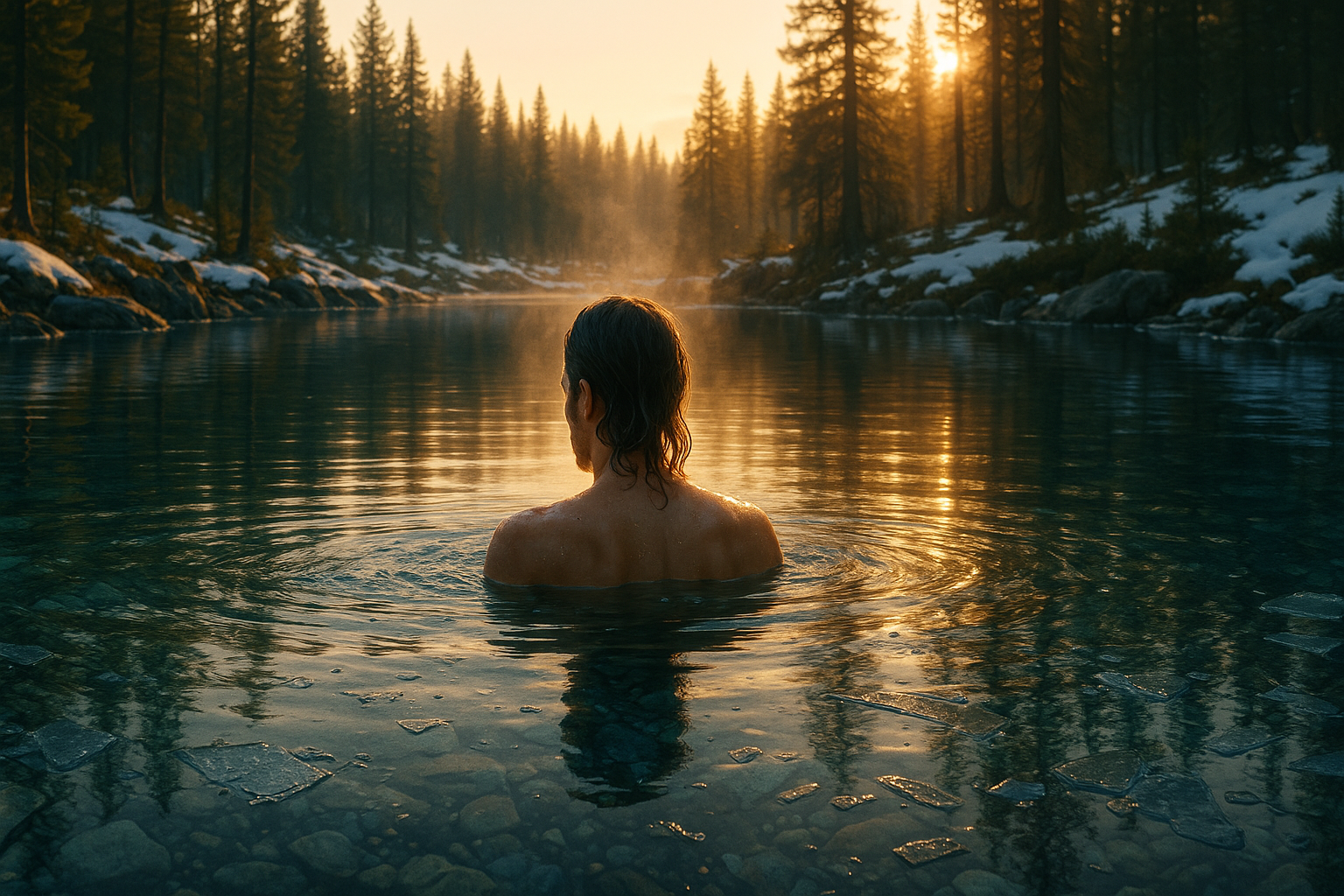 Person practicing cold water immersion in a forest plunge pool at dawn for mental health benefits