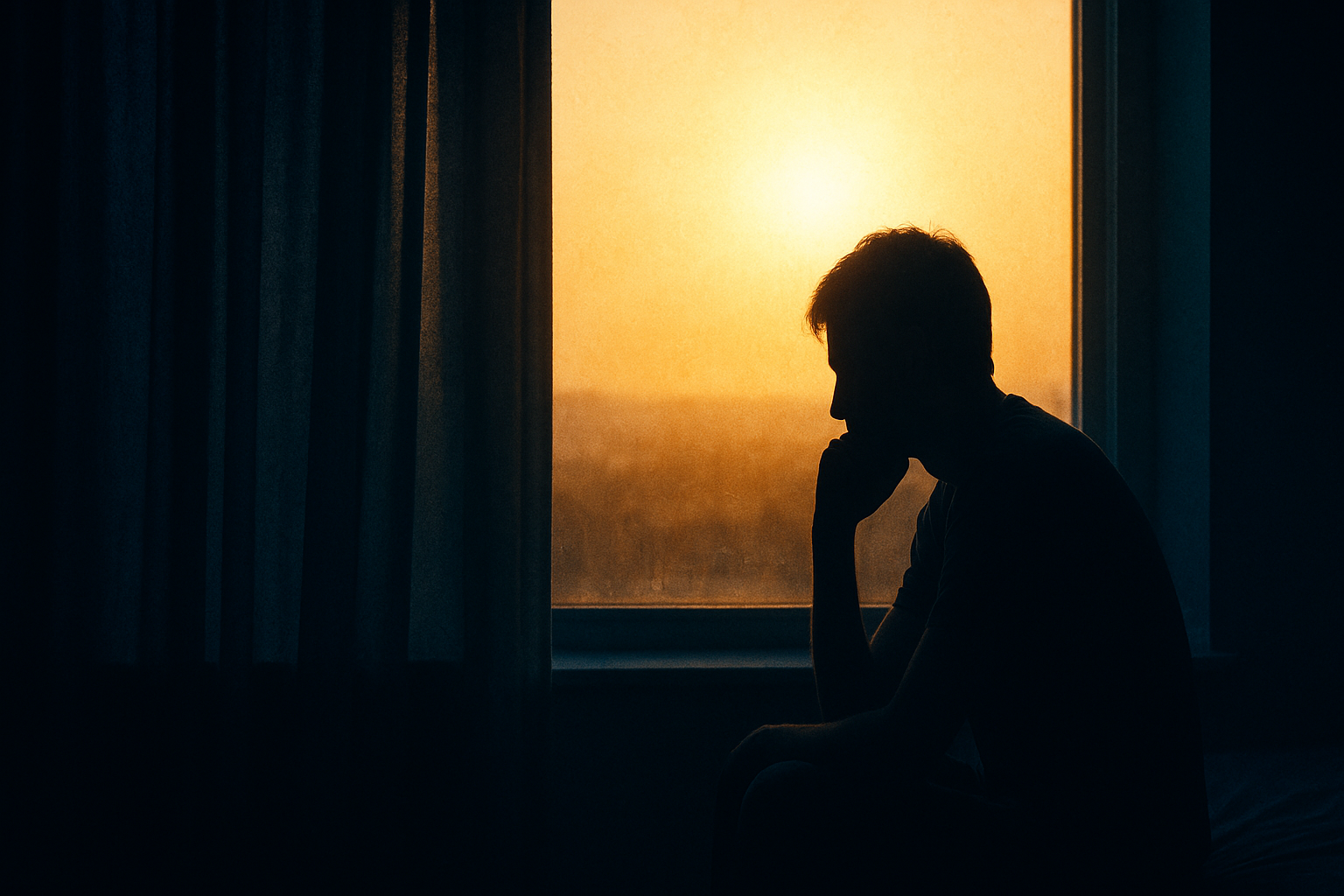 Silhouetted person in cool dark room with harsh summer sunlight outside symbolizing summer SAD