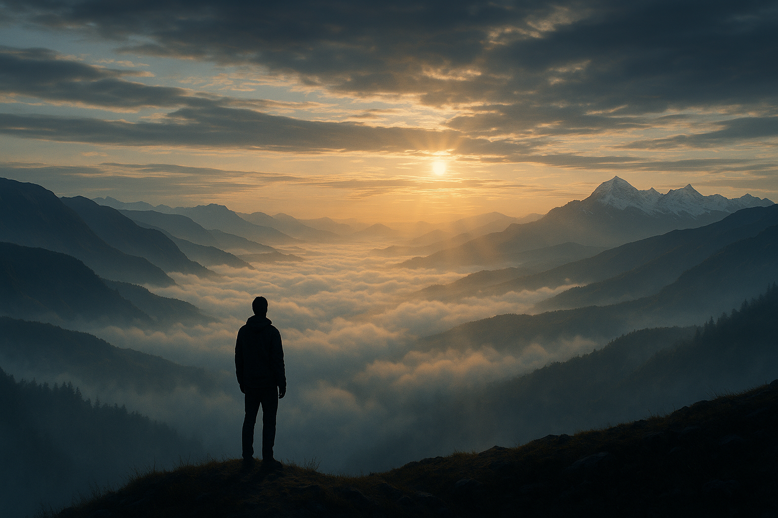 Person silhouetted on mountain ridge gazing at vast misty valley, evoking the healing power of awe