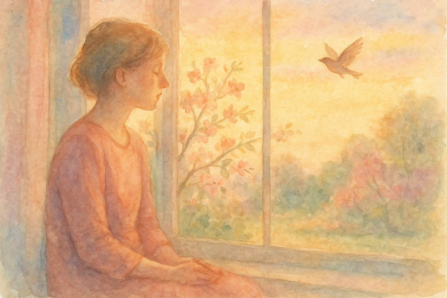 Person sitting calmly by sunlit window symbolizing recovery and healing from borderline personality disorder in soft watercolor