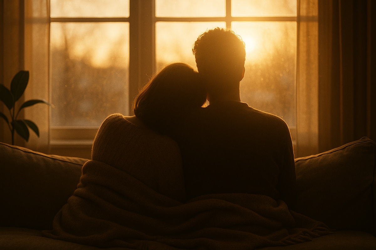 Couple sitting close on couch at golden hour showing compassionate support for partner with C-PTSD