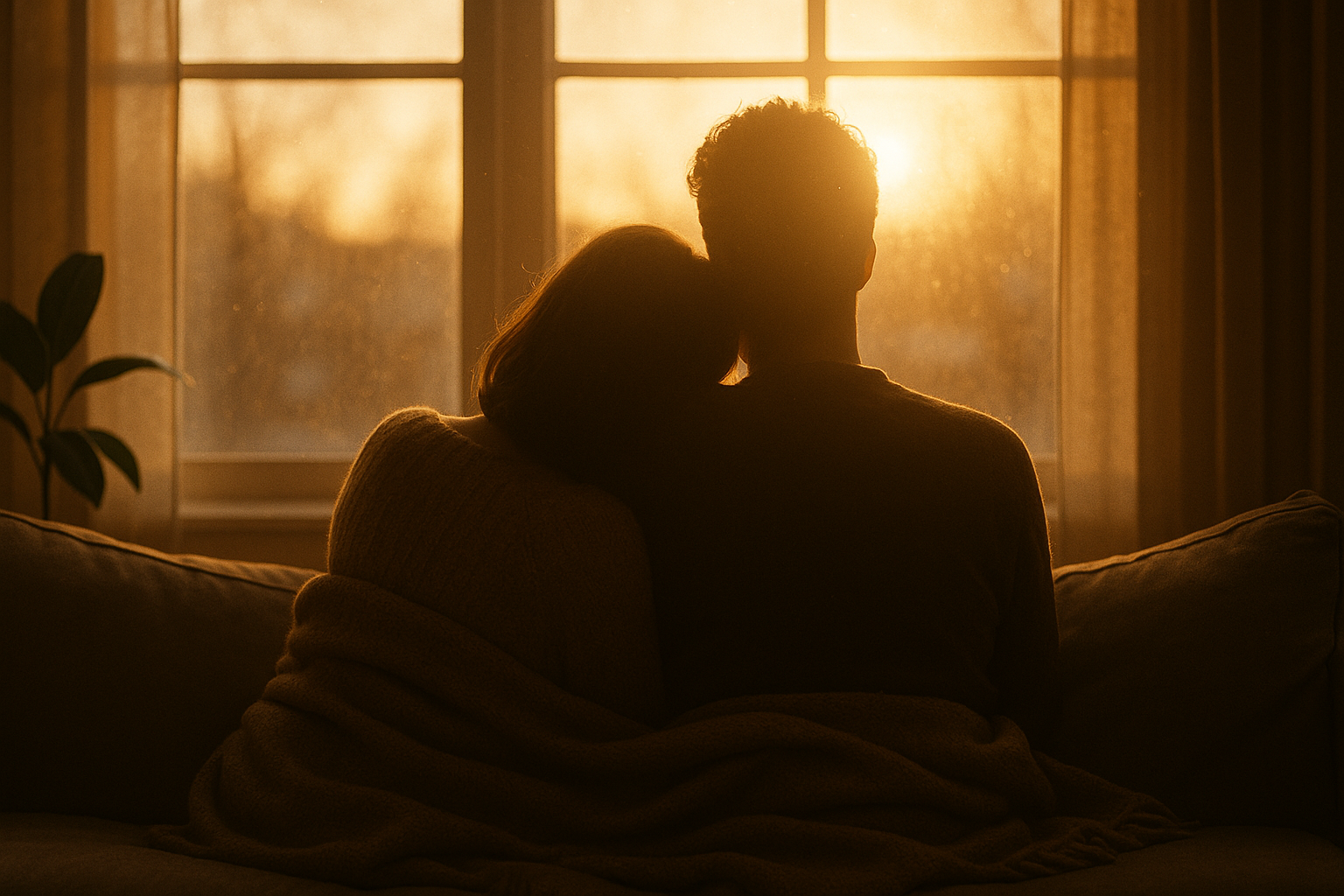 Couple sitting close on couch at golden hour showing compassionate support for partner with C-PTSD