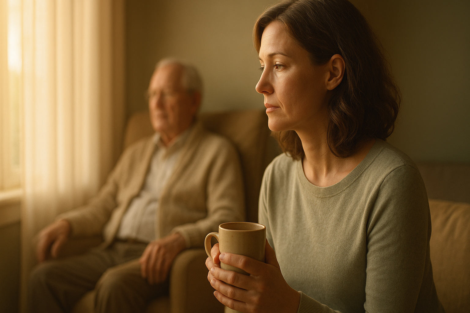 Adult daughter setting boundaries with aging parents while sitting peacefully near a sunlit window holding tea