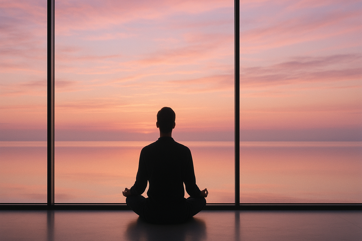 Person standing peacefully at a wide window at sunrise representing the window of tolerance and nervous system balance