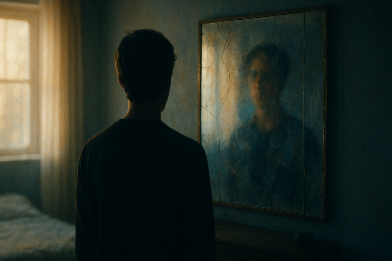 Silhouetted person facing distorted reflection in a fragmented mirror representing body dysmorphic disorder and self-image struggles