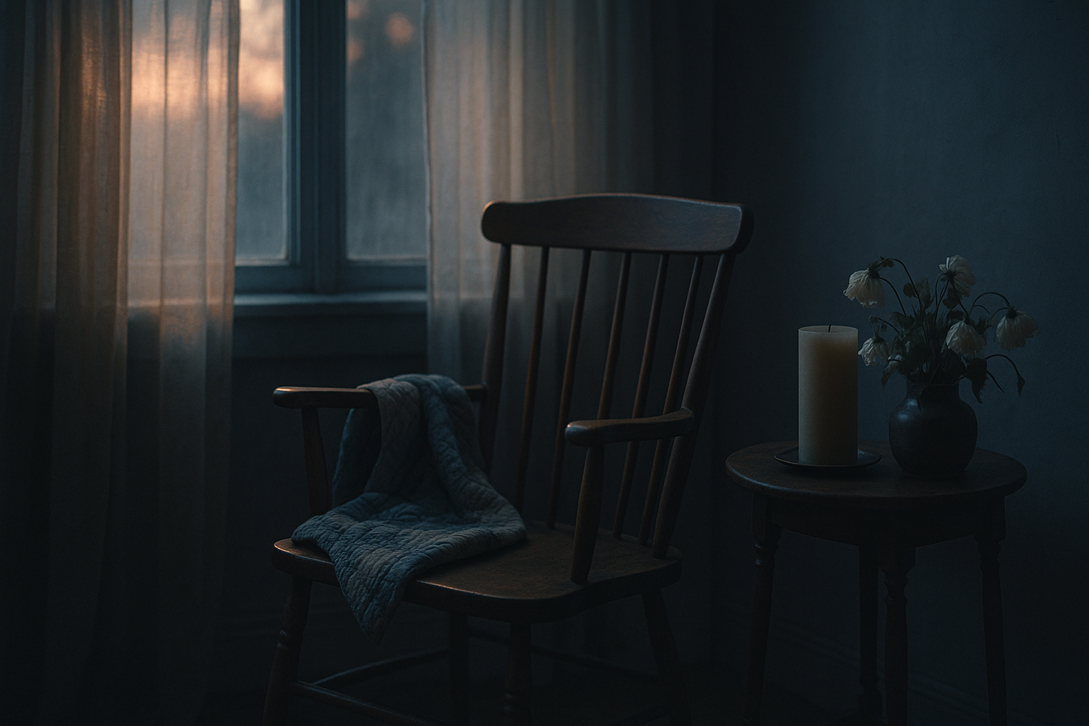 Empty wooden chair by a window at dusk symbolizing ambiguous grief and unspoken loss