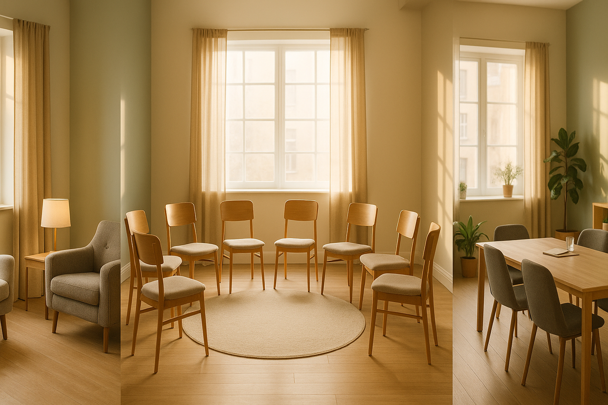 Three connected therapy rooms showing outpatient, IOP, and PHP mental health care settings in warm light