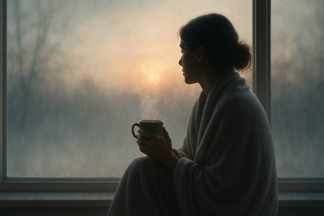 Person wrapped in blanket by misty window representing Long COVID mental health fog and quiet recovery