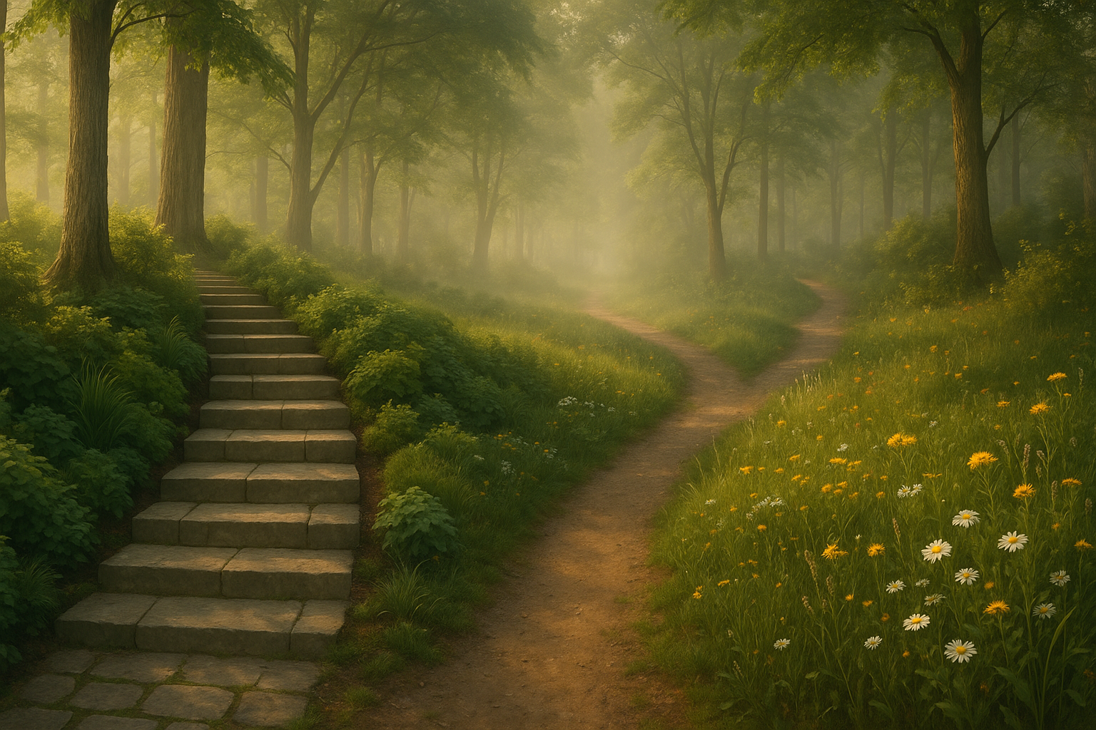 Two forest paths symbolizing ACT vs CBT for depression treatment approaches converging at horizon